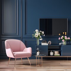 Elegant Living: TV Cabinet with Pink Armchair Against Dark Blue Wall