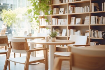 Minimal style coffee shop Decorated in white tones wooden furniture Customers are sipping coffee and reading books. 