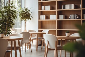 Minimal style coffee shop Decorated in white tones wooden furniture Customers are sipping coffee and reading books. 