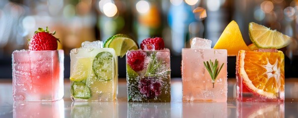 Colorful assortment of refreshing summer drinks on bar counter - obrazy, fototapety, plakaty