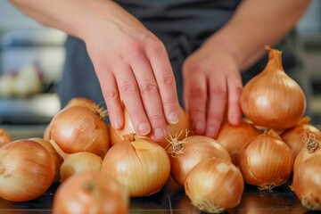 Close up Hands Organizing Fresh Golden Onions on Kitchen Counter Cooking Preparation Concept