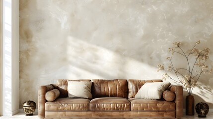 Luxe Living: Elegance Defined with Leather Sofa and Wall D�cor - obrazy, fototapety, plakaty