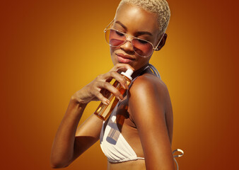 woman with sunglasses applying sunscreen lotion to shoulder skin for care and sun protection, isolated on orange color background. Concept for online shopping or tanning during a summer travel holiday
