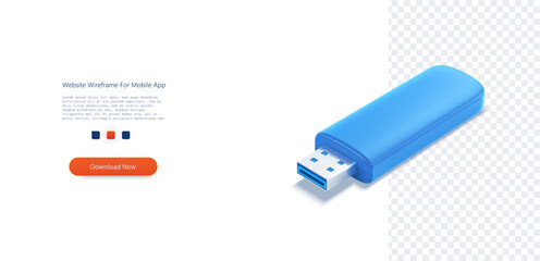 Sleek Blue USB Flash Drive Isolated on Transparent Background. 3D illustration of a modern blue USB flash drive with a transparent shadow, symbolizing data storage and technology. Vector