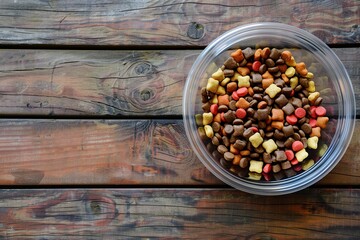 Dry dog food in plastic bowl on wooden surface