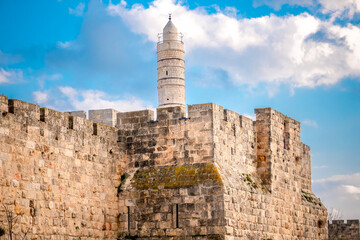 Tower of David, Cittadela, blue sky with clouds. Jerusalem, Israel April 8, 2024
