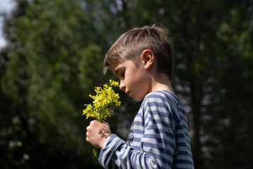 Caucasian child with a bouquet of yellow wildflowers in hand in nature with copy space