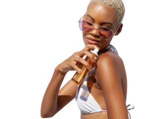 woman with sunglasses at the beach applying sunscreen lotion to skin for care and sun protection, isolated on white background. Concept for online shopping or tanning during a summer travel holiday