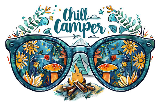 Colorful illustrated sunglasses filled with a floral pattern and a whimsical “Chille Camper” slogan on a floating cloud backdrop.	

