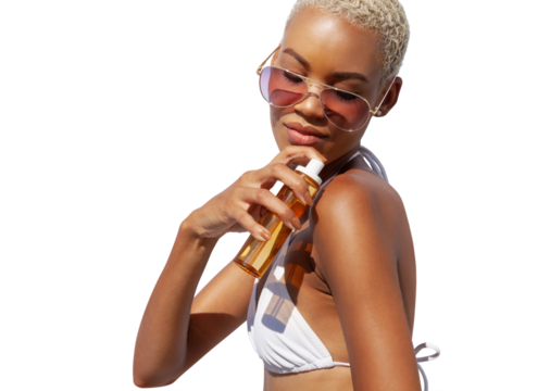 woman with sunglasses at the beach applying sunscreen lotion to skin for care and sun protection, isolated on white background. Concept for online shopping or tanning during a summer travel holiday