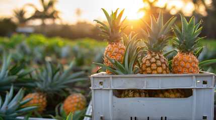 A close-up view of a crate filled with pineapples in a field at sunset