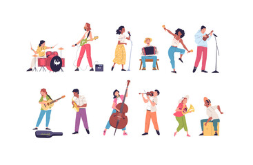 Fototapeta na wymiar Street musician characters. Musicians people band, woman guitarist violinist, teen city musical artist playing jazz instrument, singer live voice music classy vector illustration