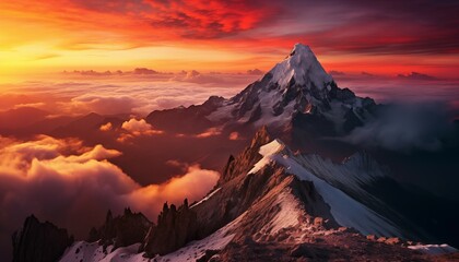 Mountain Sunset and Sunrise: Captivating views of snowy peaks and colorful skies over the Alps, blending nature's beauty with serene landscapes - obrazy, fototapety, plakaty