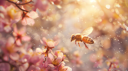 Honeybee Pollinating Pink Blossoms in Spring
