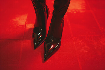Close-up of female legs in black shoes on red boards background with space for text or inscriptions
