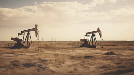Fototapeta premium Distant photograph of working oil pumps, pumpjacks. Modern, new and clean pumps extracting raw oil.