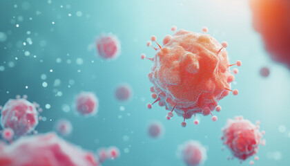 Virus Particles in Red and Blue Bokeh Background