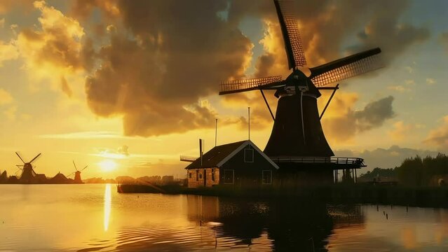 Stunning old traditional Dutch windmill in the air during a beautiful golden sunset by the lake