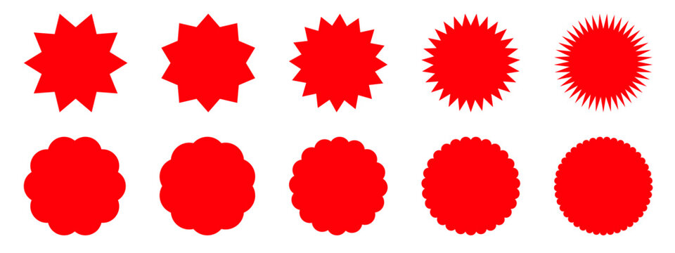 Set of red starburst. Price sticker, sale sticker, price tag, starburst, quality mark, retro stars, sale or discount sticker, sunburst badges, sun ray frames, promotional badge set, shopping labels