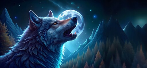 A wolf is howling in moon night - obrazy, fototapety, plakaty