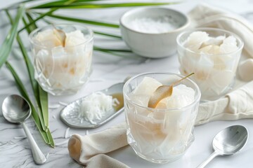 Obraz na płótnie Canvas Es Cendol is a coconut milk dessert with pandanus jelly and palm sugar served in glassware with palm sugar sauce in a jug