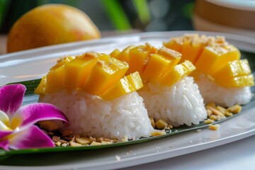 Famous Thai summer dessert mango sticky rice