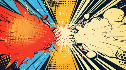 A comic frame featuring versus elements, with clash frames and cartoon text speech bubbles set against a halftone stripes vector template, capturing the essence of comic book battles