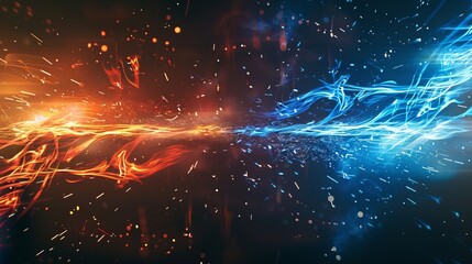 A dynamic versus background for sports games, matches, and tournaments featuring blue and orange flames with sparks - obrazy, fototapety, plakaty