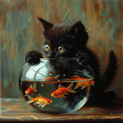 Small black kitten fascinated by goldfish bowl at home