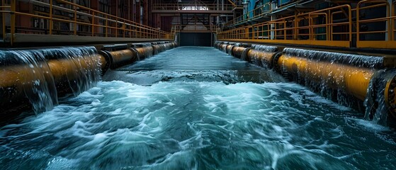 A dam releases clean water while an industrial plant purifies wastewater. Concept Water purification, Industrial plant, Clean water, Dam, Wastewater management