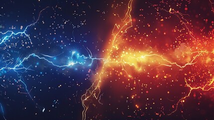 A versus banner adorned with fire sparkles and lightning strikes, set against a red and blue background, editable vector illustration for vibrant confrontations - obrazy, fototapety, plakaty