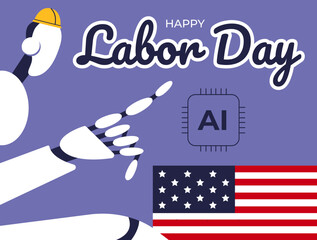 Labor Day celebration with American flags and Ai Robot. Solidarity of workers of different specialties. Flat vector illustration.