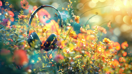 Background with a bouquet of flowers emerging from the ear cups of a pair of headphones with free place for text. Music, podcast concept banner - obrazy, fototapety, plakaty