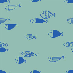 Cute blue fish. Kids background. Seamless pattern. Can be used in textile industry, paper, background, scrapbooking. - 779613494
