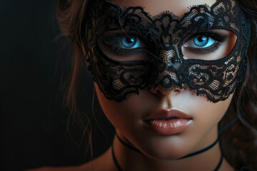 Beautiful mysterious young woman with a mask over her eyes portrait on a dark background with space for text or inscriptions
