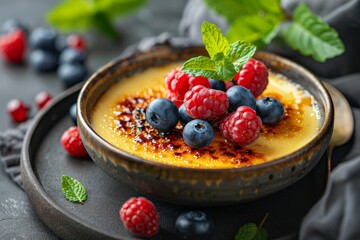 French dessert with caramelized sugar and berries - obrazy, fototapety, plakaty