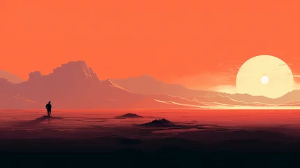 Rolgordijnen Loney man watching sunset vector landscape © MrSunset222