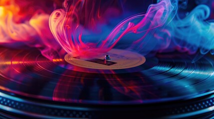 Vinyl record spinning on a turntable background with smoke in neon colours. Music, DJ concept banner - obrazy, fototapety, plakaty