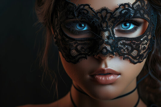 Beautiful mysterious young woman with a mask over her eyes portrait on a dark background with space for text or inscriptions
 - Powered by Adobe