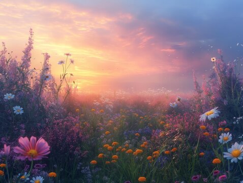 A field of flowers with a beautiful sunset in the background