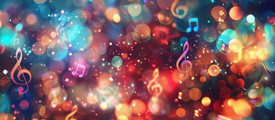 Obraz na płótnie Canvas Music notes symbols on glowing blurred lights bokeh background. Concert, karaoke or performance concept banner