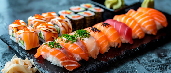 different types of sushi an a grey background - Powered by Adobe