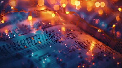 Glowing music sheets notes on beautiful lights bokeh background