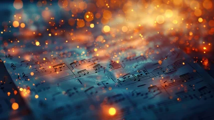 Foto op Canvas Glowing music sheets notes on beautiful lights bokeh background © eireenz