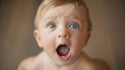 Startled Baby Boy with Wide Open Mouth and Eyes Captured in Dramatic Close up Portrait on Bright Background