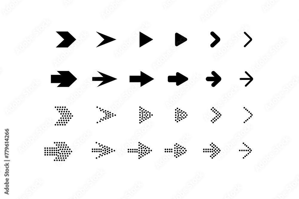 Poster collection of arrows. linear, set of arrows to the right. vector icons