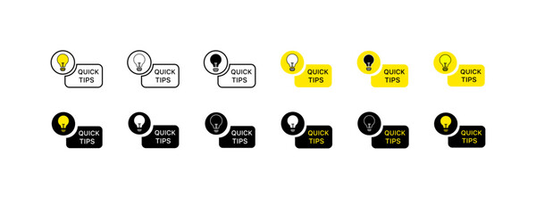 Quick tips icons. Different styles, yellow, quick tips signs, light bulb. Vector icons