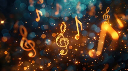 Music notes symbols on glowing blurred lights bokeh background. Concert, karaoke or performance concept banner - obrazy, fototapety, plakaty