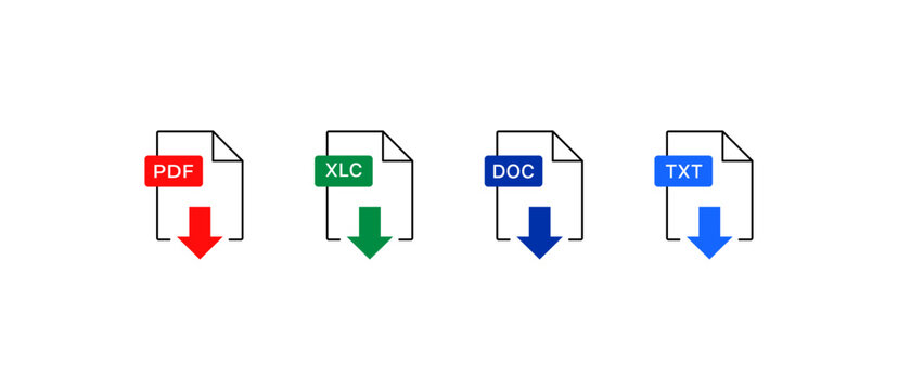 Files with arrow download icons. Flat, color, PDF, XLC, DOC, TXT files download. Vector icons