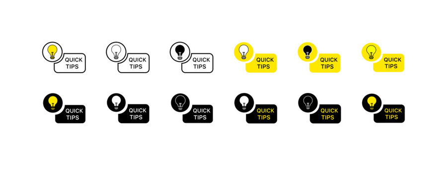 Quick tips icons. Different styles, yellow, quick tips signs, light bulb. Vector icons
